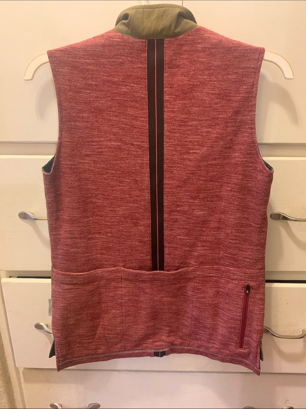 Olive Green Quilted Vest with Red Trim - Women's Sleeveless Layering Vest - Picture 3 of 3